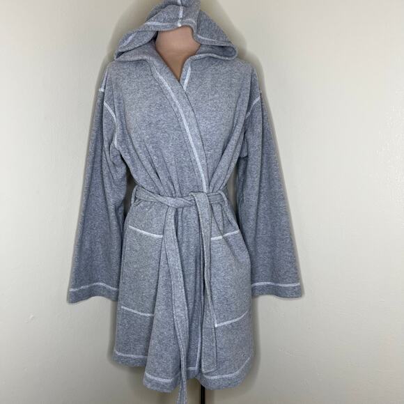 Y2K Victoria's Secret Hooded Robe XS/SM Gray Contrasting Trim Belted House Coat - Picture 1 of 10